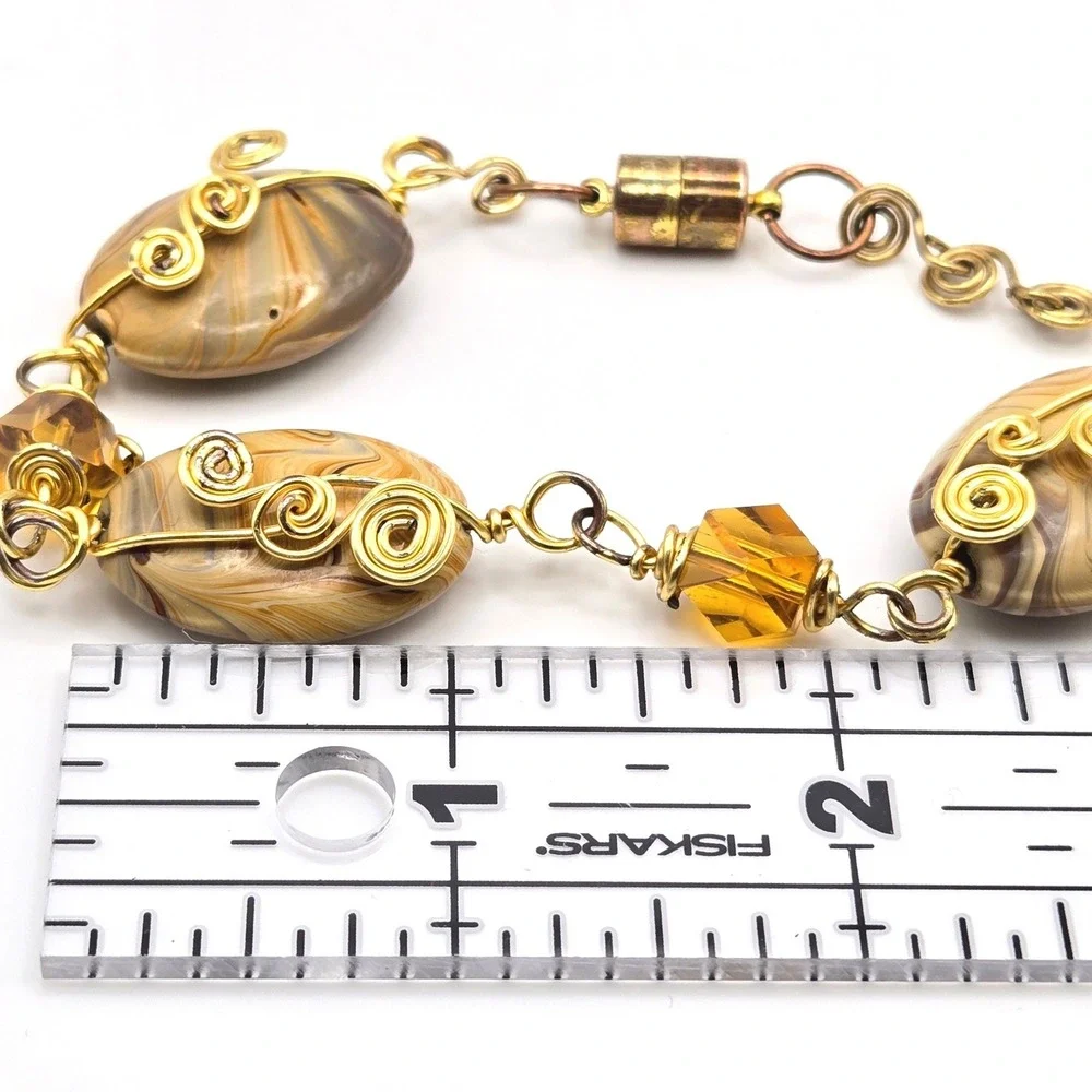 Handmade‎ Wire Wrapped Swirl Glass Bead Bracelet Gold Tone Magnetic Clasp 7
